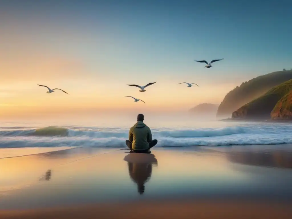 Meditación al amanecer en la playa: conexión con la naturaleza Persona en meditación en la playa al amanecer, con olas suaves al fondo