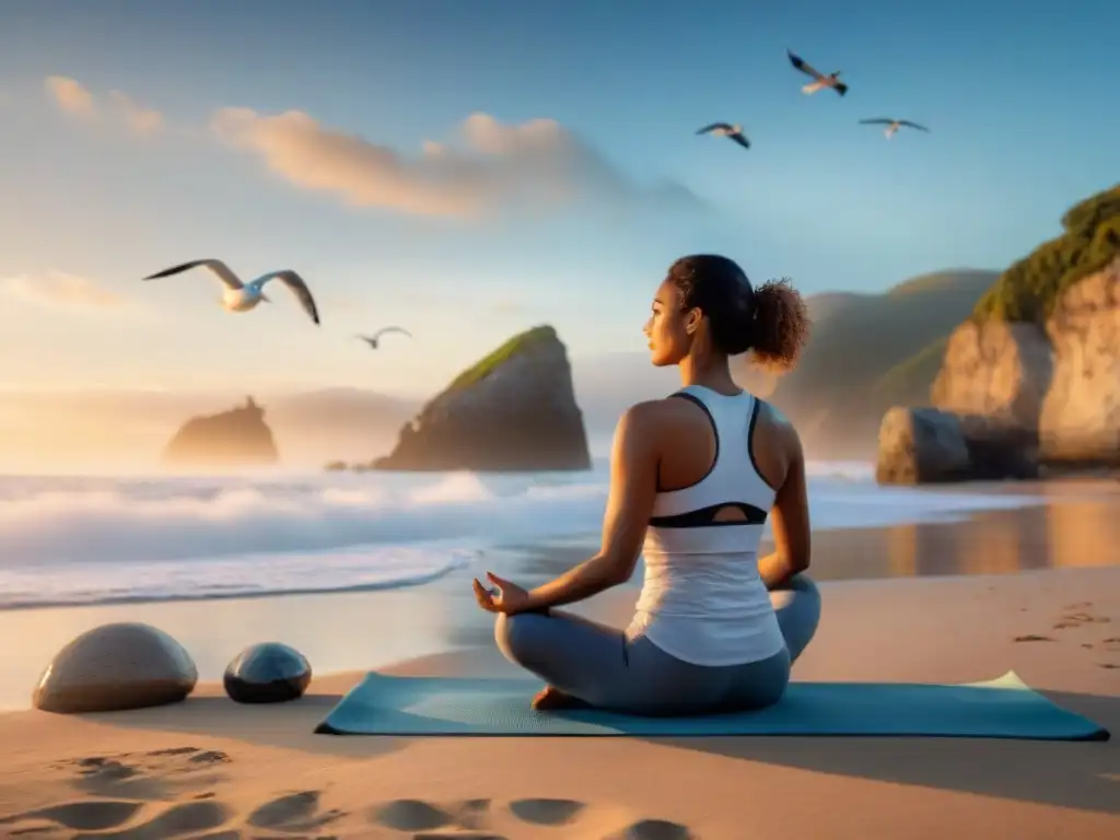 Mediación al amanecer en la costa Persona meditando en la playa al amanecer, con olas suaves y gaviotas, transmitiendo paz mental en entorno costero