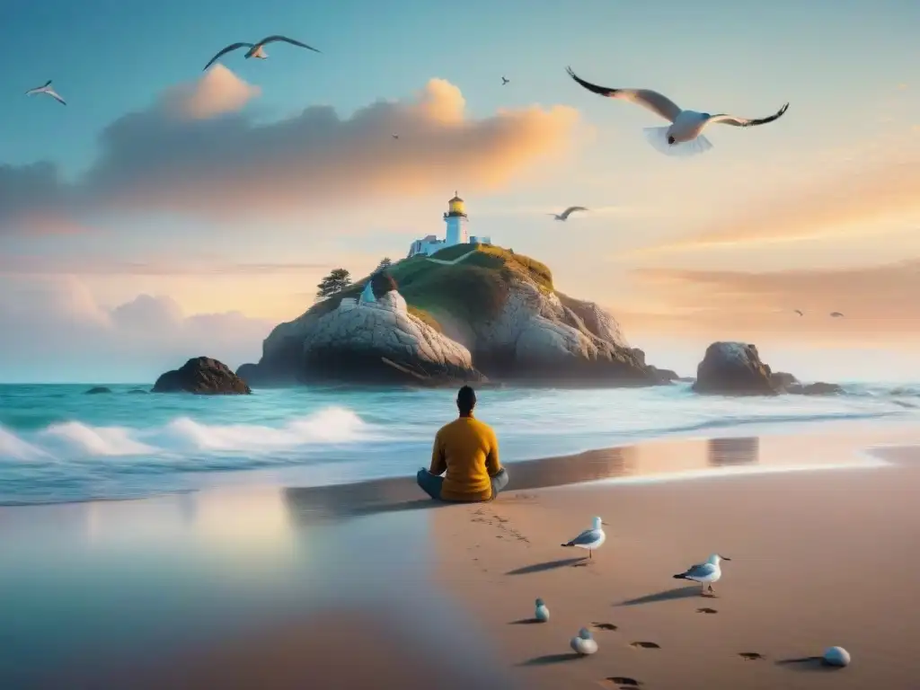 Meditación en la playa al amanecer: conexión con la naturaleza Persona meditando en la playa al amanecer, rodeada de gaviotas y un faro distante