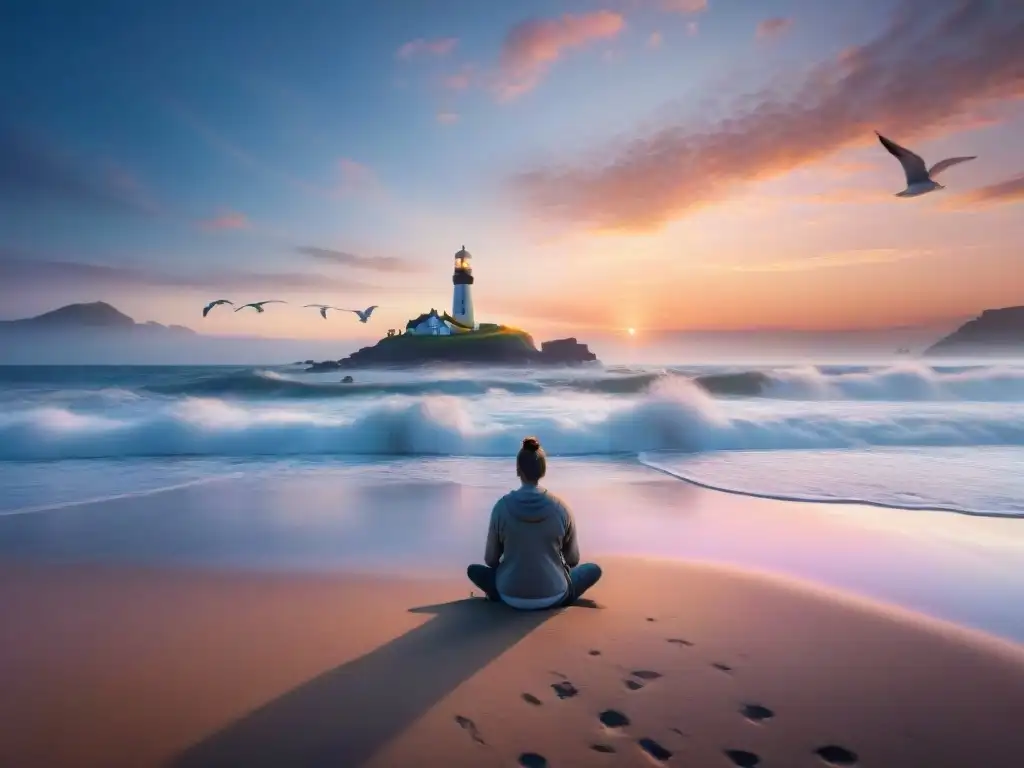 Meditación al amanecer en la playa: paz y armonía Persona meditando en la playa al amanecer, rodeada de gaviotas y un faro al fondo