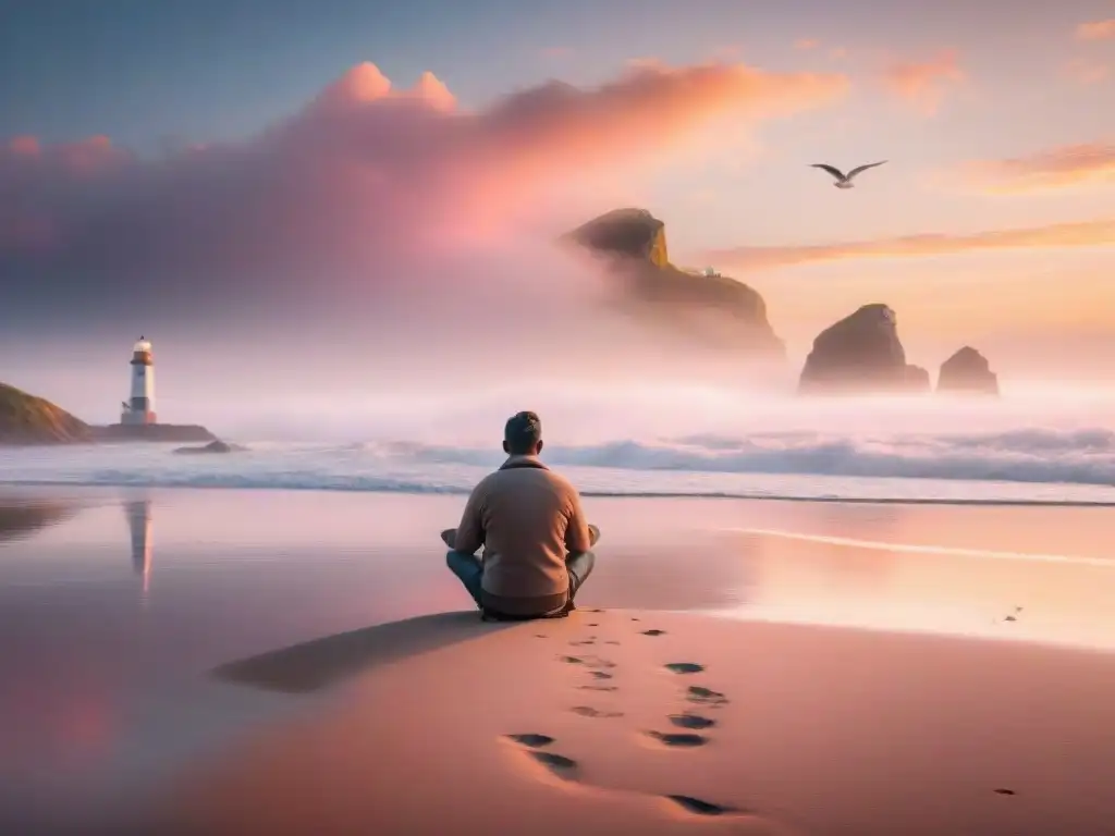 Playa al amanecer: meditación junto al mar Persona meditando al amanecer en una playa tranquila, con olas suaves y cielo rosado