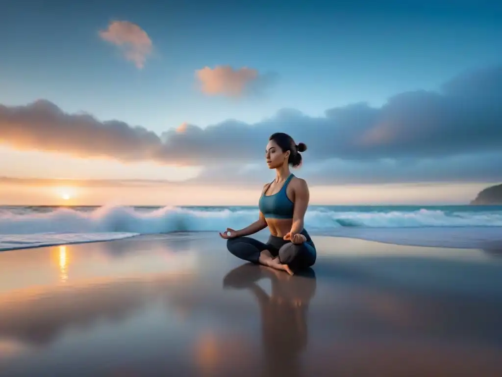 Yoga al amanecer: serenidad en la playa Persona en pose de yoga inspirada por el mar al amanecer, reflejando la tranquilidad del océano