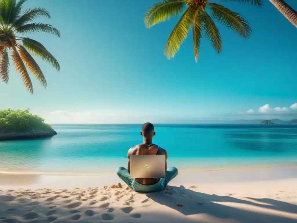 Trabajo remoto en paraíso digital Persona segura en vida digital para costas, trabajando en laptop en playa paradisíaca rodeada de palmeras y aguas turquesas