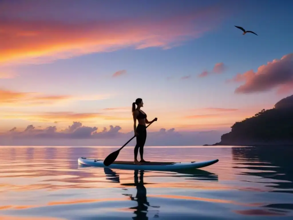 Yoga al amanecer: equilibrio y armonía en el mar Persona practicando standup paddle yoga al amanecer en el mar, reflejos dorados en el agua