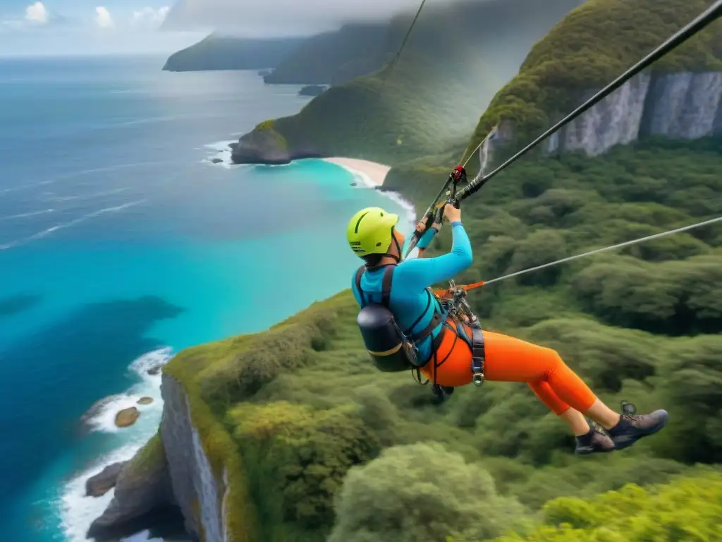 Emoción en zipline sobre el océano: aventura sostenible Persona en tirolesa sobre el océano, disfrutando de vistas panorámicas emocionantes