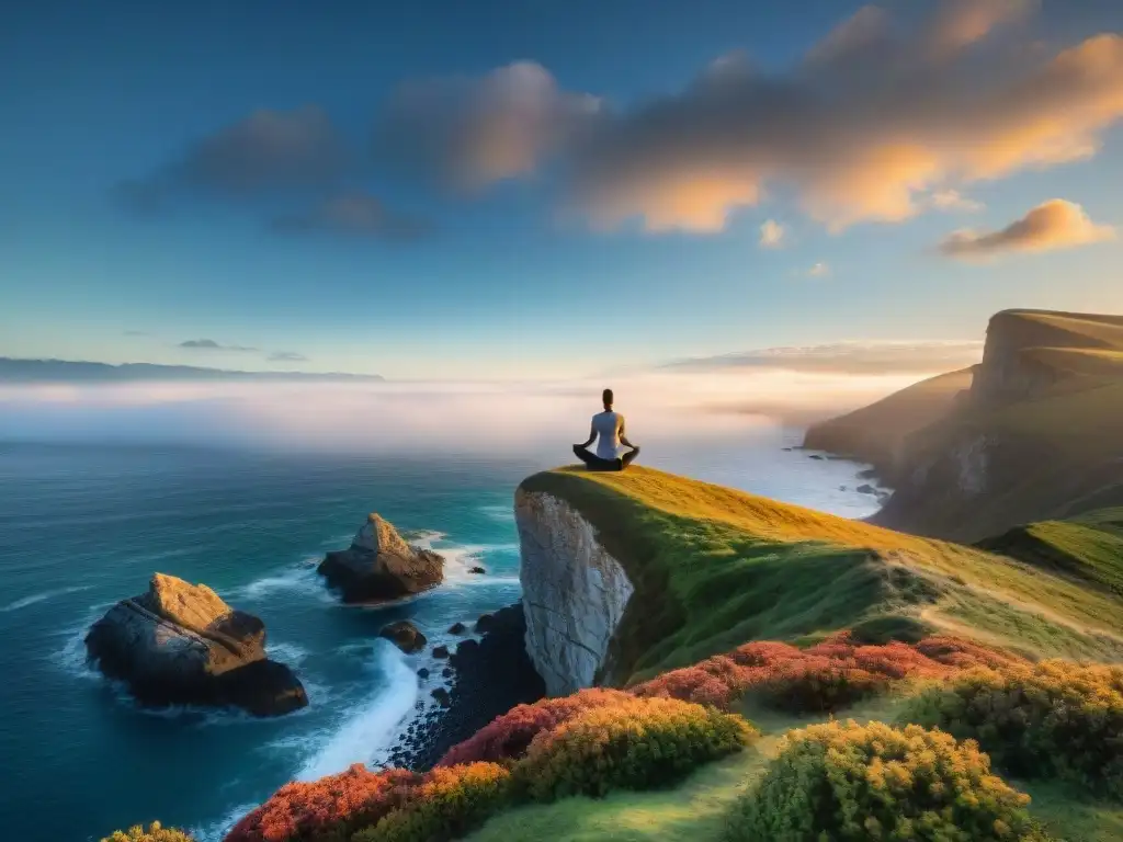 Atardecer sereno en acantilado: yoga junto al mar Persona practicando yoga al atardecer en un acantilado, reflejando tranquilidad y aventura en un retiro costero de Seguridad y salud