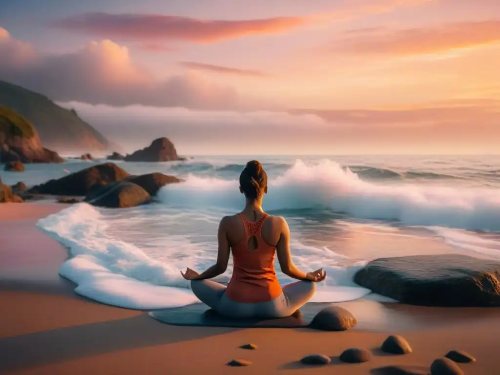 Yoga al atardecer: paz y bienestar en la costa Persona practicando yoga al atardecer en la costa, integrando respiración vista mar mejora salud