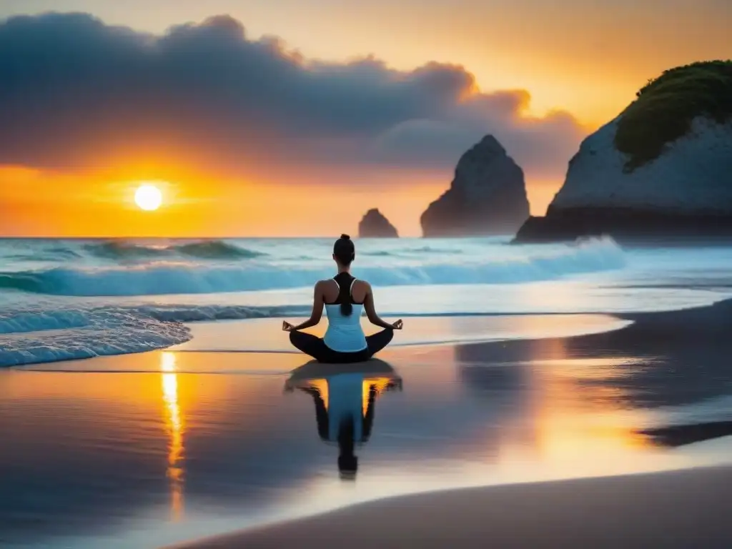 Atardecer dorado en playa: yoga y armonía costera Persona practicando yoga al atardecer en la playa, con gaviotas y olas suaves