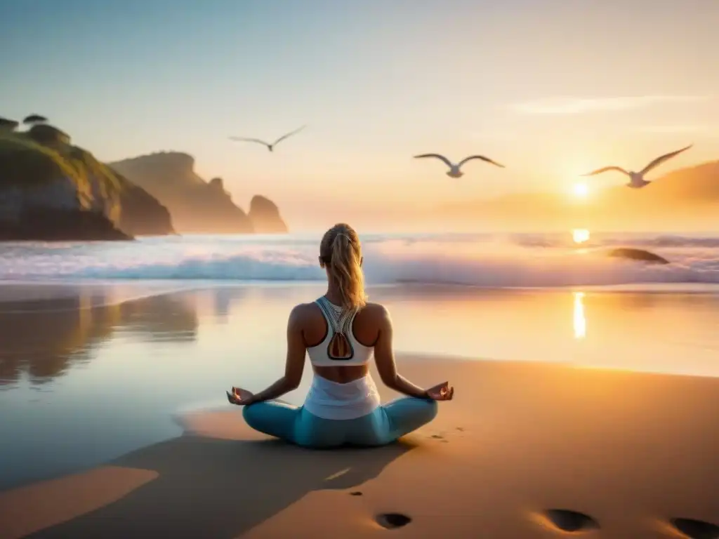 Espléndido amanecer costero: yoga al sol Persona practicando yoga al amanecer en la costa, transmitiendo beneficios salud vida costa testimonios