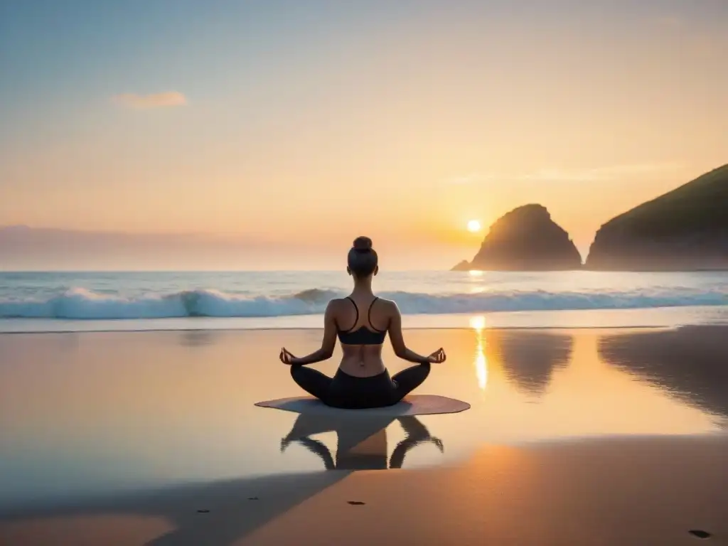Yoga al amanecer: conexión holística en la playa Persona practicando yoga en playa al amanecer, conectando con beneficios agua salada para salud