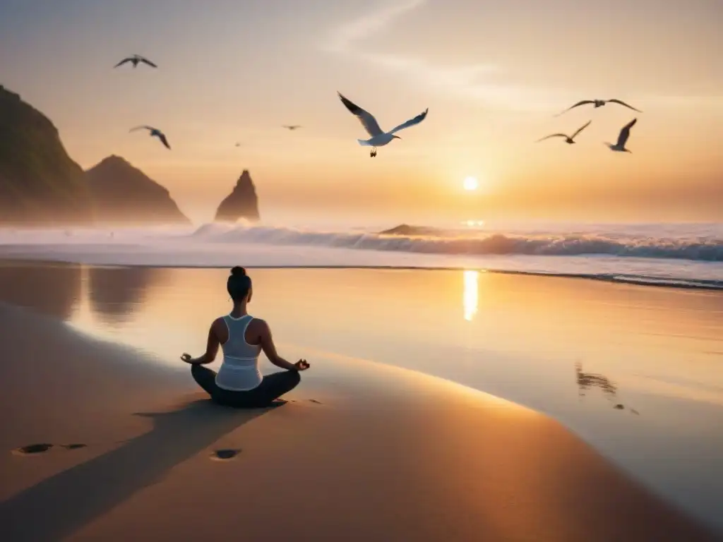 Escena costera serena al amanecer: yoga en la playa Persona practicando yoga en la playa al amanecer, con olas suaves y gaviotas