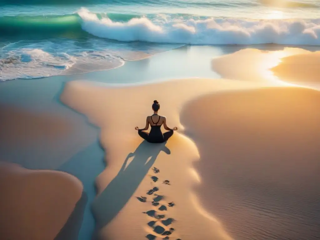 Yoga al amanecer: paz y serenidad en la playa Persona practicando yoga en la playa al amanecer, con olas suaves y gaviotas volando, transmitiendo beneficios calma vida mar