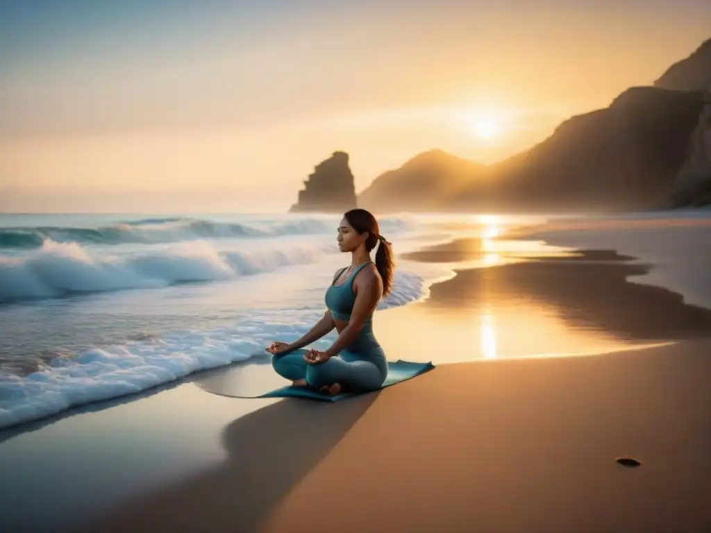Amanecer sereno en la playa: meditación y terapia con agua salada Persona practicando yoga en playa al amanecer, con olas suaves y sol dorado