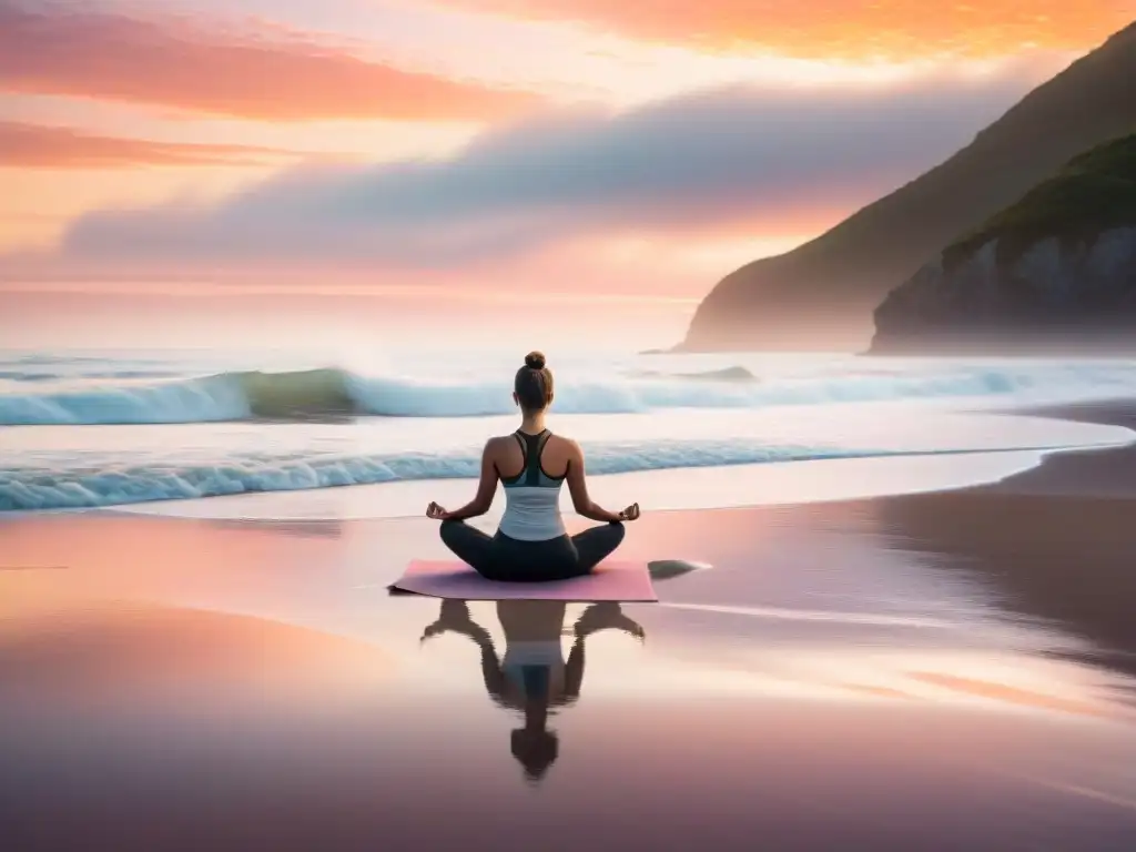 Yoga al amanecer en la playa: paz y serenidad Persona practicando yoga al amanecer en la playa, transmitiendo paz y serenidad