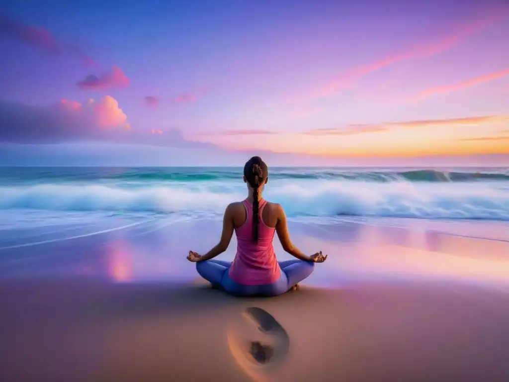 Yoga al amanecer: paz en la playa con terapia del mar Persona practicando yoga en la playa al amanecer, reflejando paz y tranquilidad