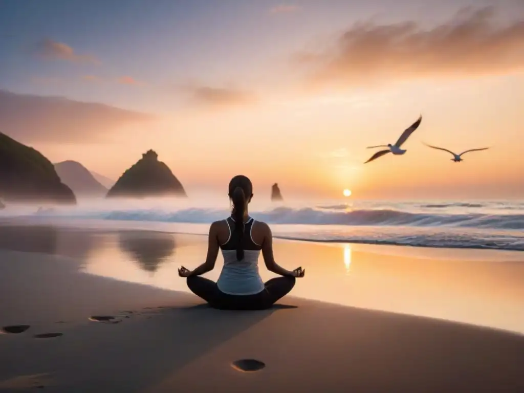 Playa serena al amanecer: yoga, paz y gaviotas Persona practicando yoga al amanecer en la playa, rodeada de gaviotas, transmitiendo paz y los beneficios del aire marino para los pulmones