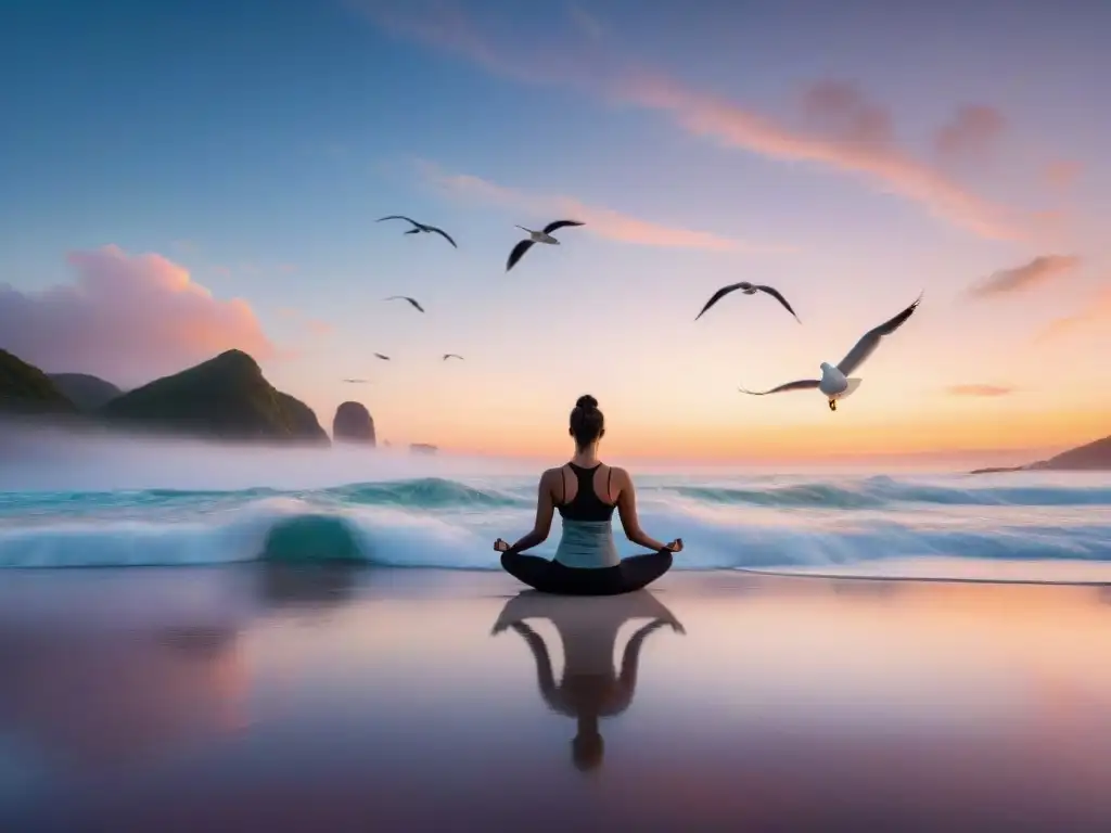 Amanecer en la playa: yoga y serenidad Persona practicando yoga en la playa al amanecer, rodeada de serenidad y beneficios salud mental entorno costero