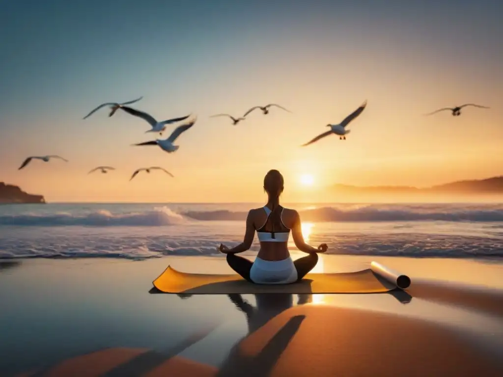 Amanecer dorado: yoga en la playa con gaviotas Persona practicando yoga al amanecer en la playa, rodeada de gaviotas