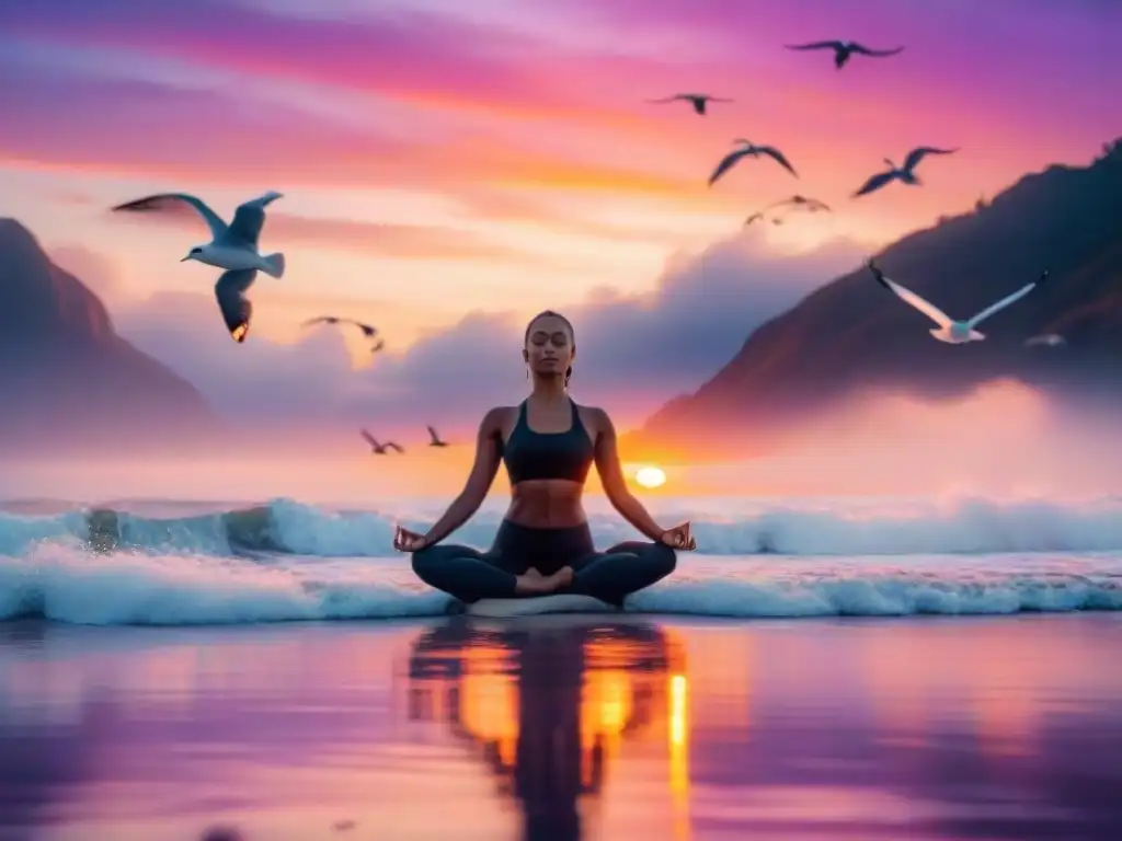 Yoga matutino en la playa: armonía y bienestar junto al mar Persona practicando yoga en una playa al amanecer, rodeada de gaviotas, con colores vibrantes en el cielo