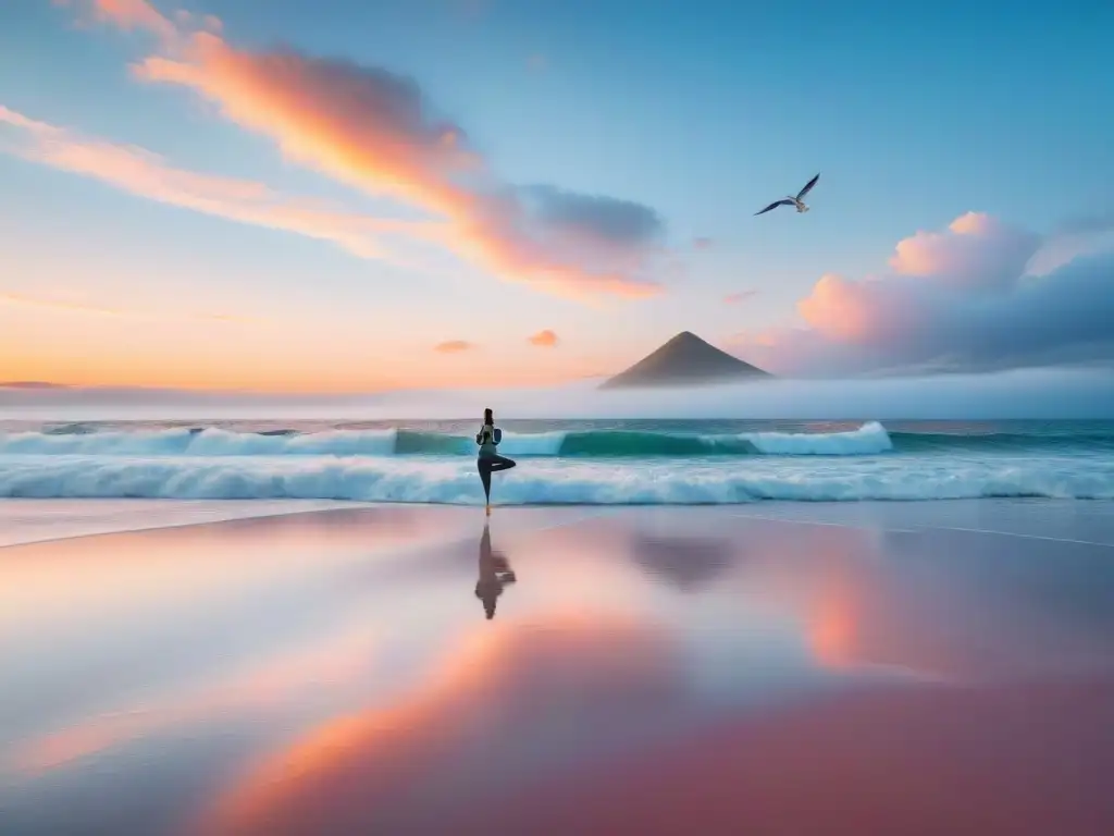 Playa serena al amanecer: yoga, paz y armonía Persona practicando yoga en una playa al amanecer, rodeada de paz y tranquilidad
