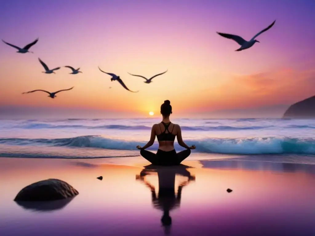 Espléndido amanecer sobre el mar: yoga y serenidad Persona practicando yoga al amanecer en la playa, rodeada de gaviotas, reflejando tranquilidad