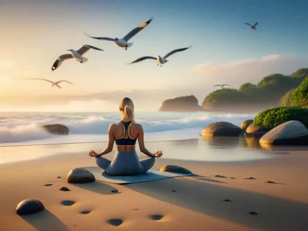 Playa serena al amanecer: yoga y meditación Persona practicando yoga en la playa al amanecer, rodeada de naturaleza