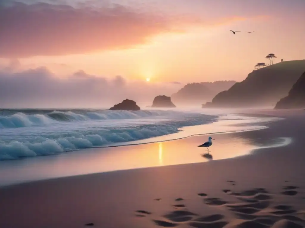 Playa serena al amanecer: yoga y paz mental Persona practicando yoga en una serena costa al amanecer, olas suaves y gaviotas