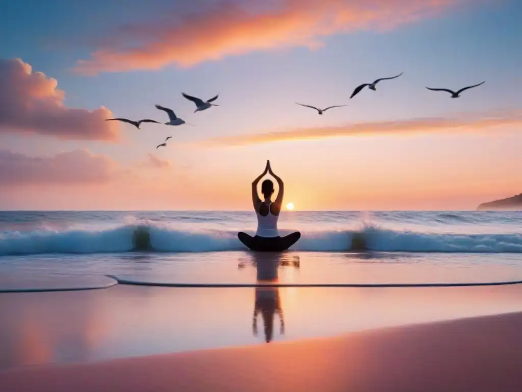 Paisaje sereno: playa al amanecer con yoga y conexión con la naturaleza Personaje practicando yoga al amanecer en una playa serena, con aves marinas y olas suaves