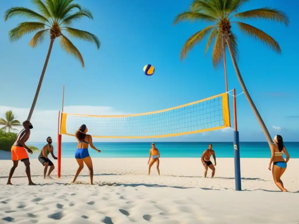 Juego de vóley playa: diversión y camaradería bajo el sol Diversas personas disfrutan de actividades recreativas en la playa jugando vóley bajo el sol brillante
