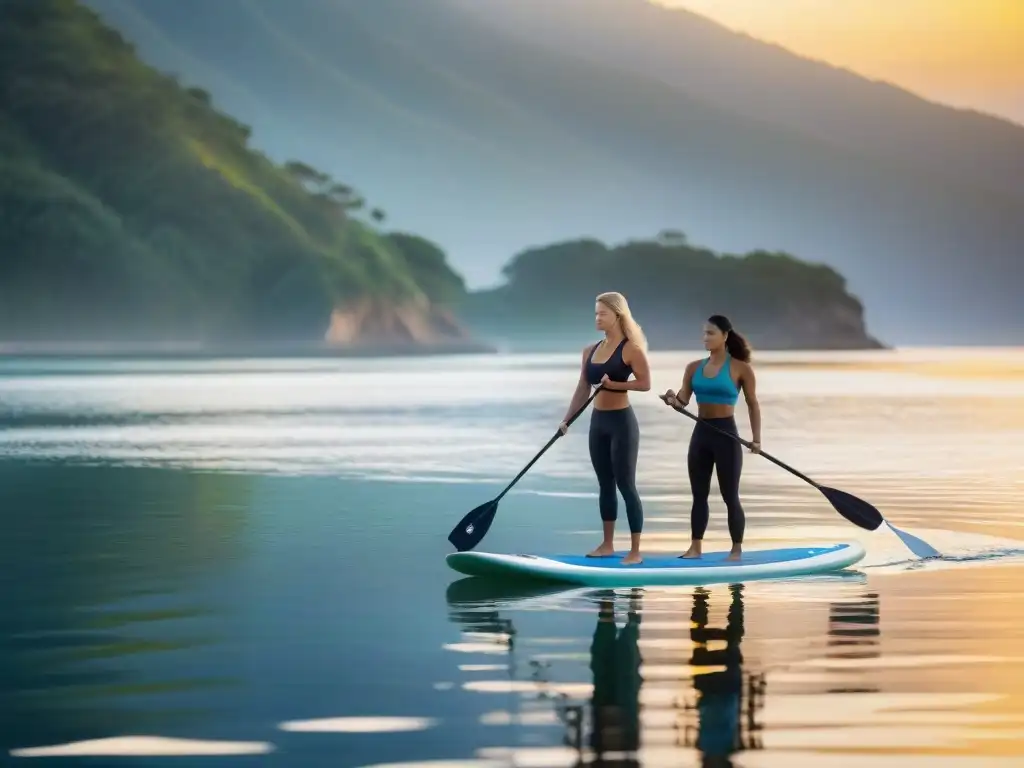 Yoga en paddle: armonía en la costa al atardecer Personas diversas practican standup paddle yoga en la costa al atardecer, transmitiendo armonía y salud