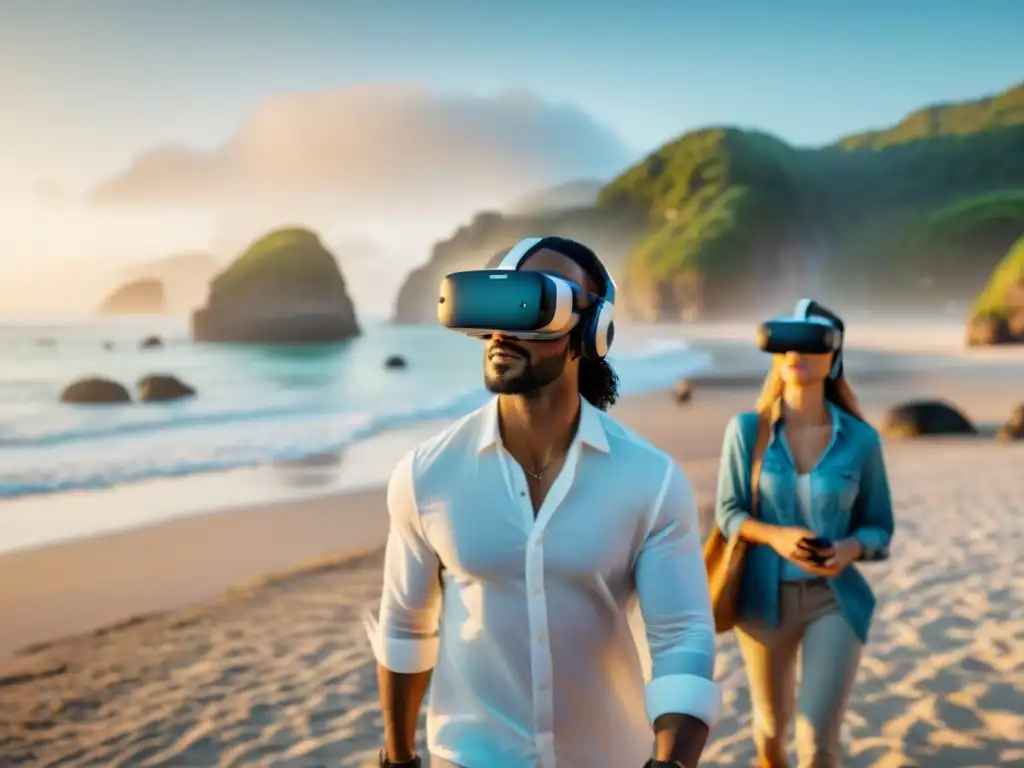 Inmersión VR: Tecnología en búsqueda de propiedades costeras Personas diversas usan visores de realidad virtual en la playa, fusionando tecnología y búsqueda de propiedad costera ideal