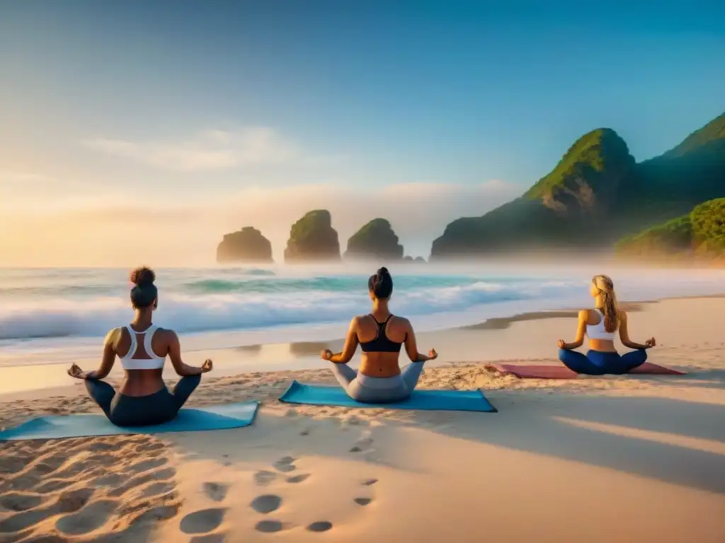 Yoga al amanecer: grupo diverso sonriendo en la playa serena Personas diversas sonriendo y practicando yoga en la playa al amanecer, con el mar de fondo y un cielo azul claro