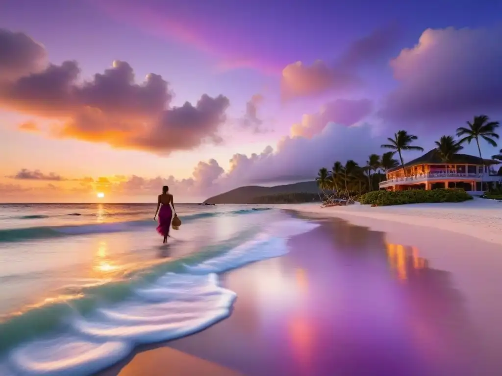 Atardecer de ensueño en resort de lujo en el Caribe 'Personas elegantes paseando al atardecer en un lujoso resort de playa en el Caribe