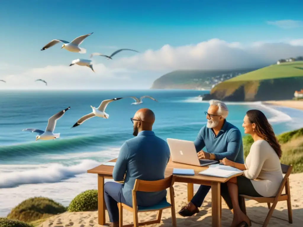 Reunión comunitaria: Financiamiento para casas costeras Varias personas discuten sobre subvenciones para financiar casa costera en reunión comunitaria junto al mar