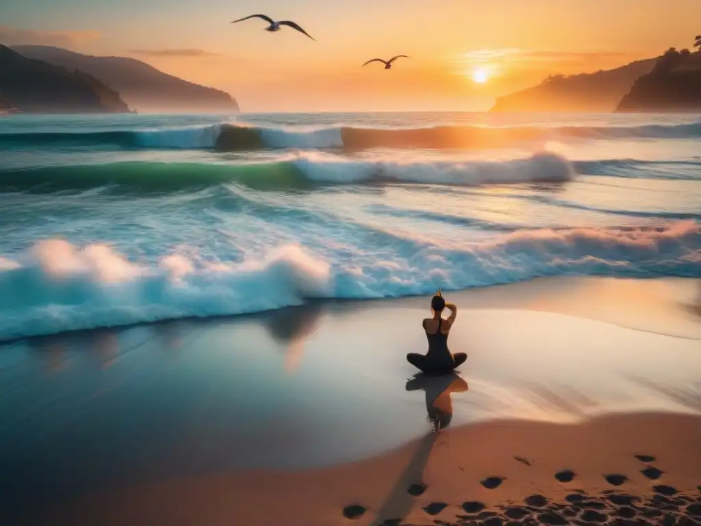 Costa serena al atardecer: meditación y armonía Personas practicando yoga y meditación en una playa al atardecer, con gaviotas en el cielo naranja