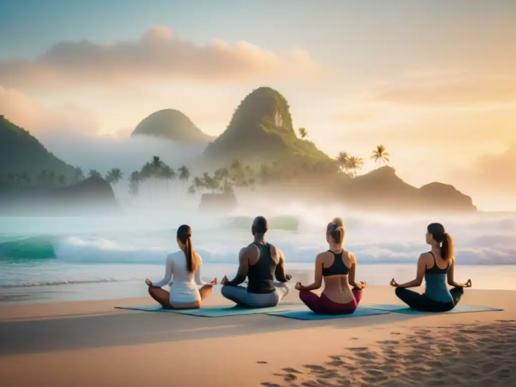 Retiro de yoga al amanecer en playa dorada - imagen 8k Personas practicando yoga en una playa al amanecer, con palmeras y mar calmado