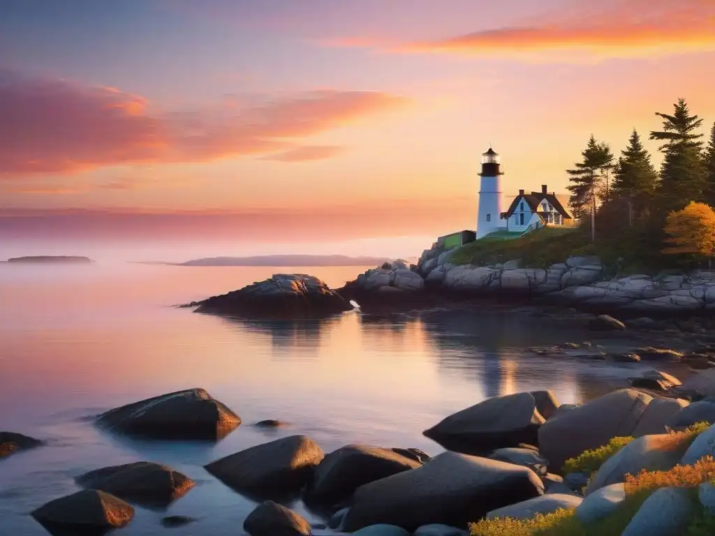 Espectacular amanecer en la costa de Maine: pesca, serenidad y aventura Pesca en la Costa de Maine: Amanecer pintoresco con un bote pesquero solitario y gaviotas en el cielo naranja y rosado