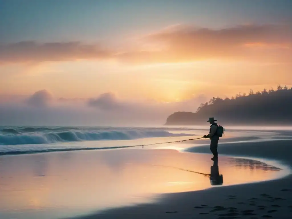Pesca matutina en la playa: serenidad y conexión con la naturaleza Pesca costera al amanecer: pescador solitario frente al mar tranquilo