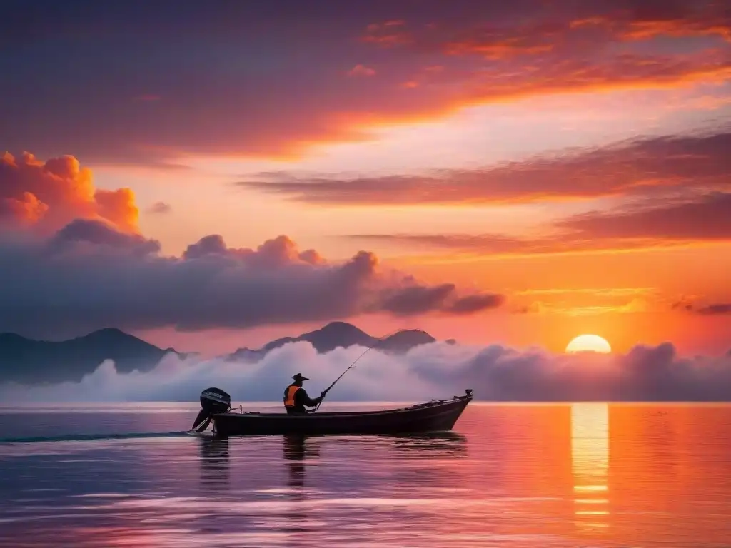 Espectacular atardecer en el mar con pescador solitario Pesca deportiva en mar abierto: atmósfera de serenidad con pescador solitario en barca al atardecer de tonos cálidos sobre el mar