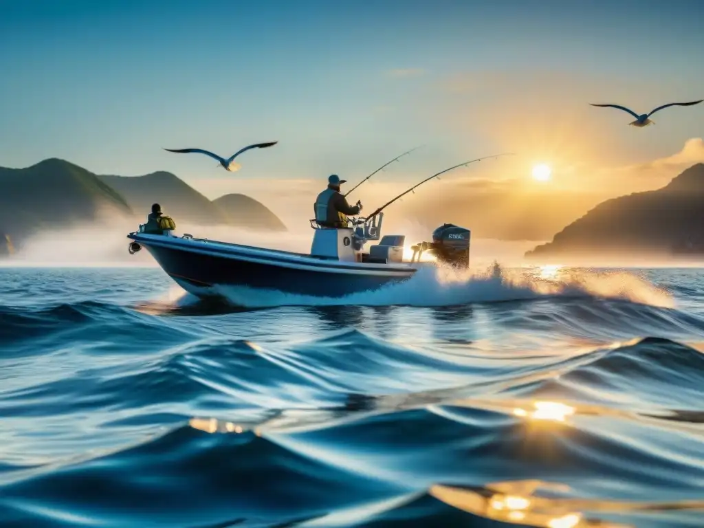 Emoción en alta mar: pescadores deportivos al amanecer Pesca deportiva en mar abierto: pescadores entusiastas en barco, bajo el cálido sol matutino sobre el vasto mar azul