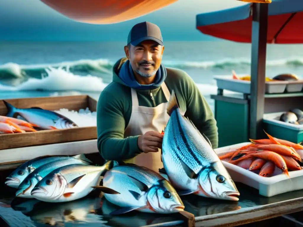 Mercado de pescado fresco junto al mar: escena vibrante y colorida Pescado fresco en mercado junto al mar, beneficios vida cerca mar pescado