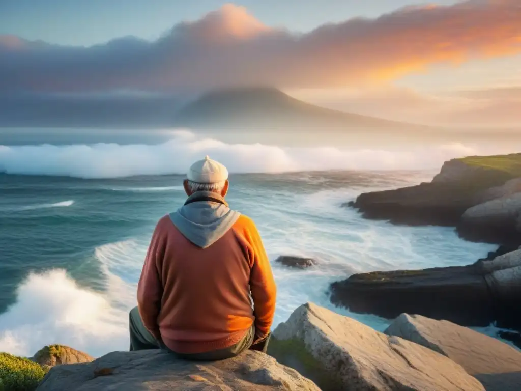 Pescador anciano en acantilado al amanecer Un pescador anciano con manos curtidas y expresión sabia, de pie en un acantilado costero, observando el vasto océano al amanecer