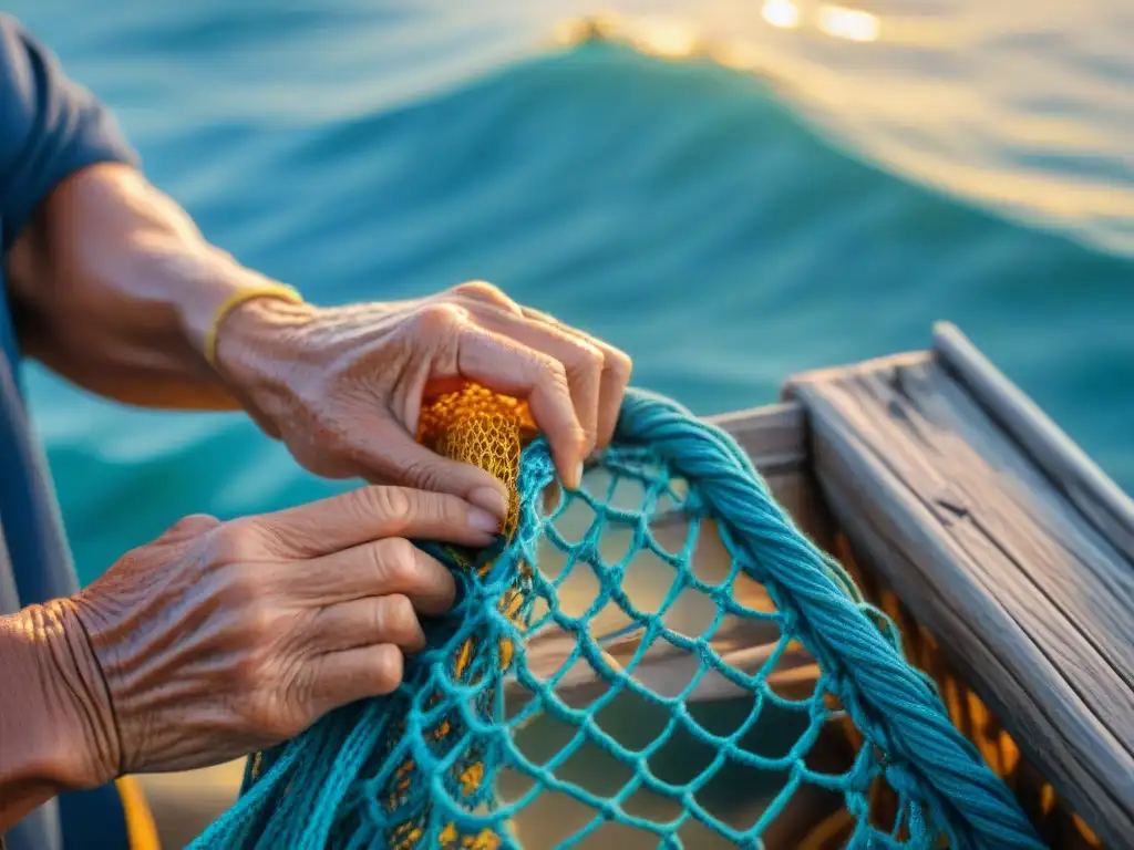 Artesanía ancestral: reparando redes de pesca junto al mar Un pescador anciano repara una red de pesca, preservación gastronomía costera pescadores
