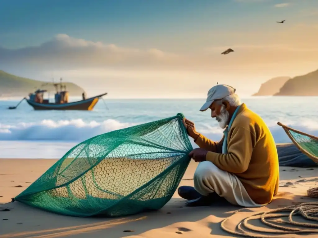 Artesanía marina al amanecer: reparando redes junto al mar Un pescador anciano repara una red de pesca al amanecer en la costa, transmitiendo conocimiento en comunidades marítimas