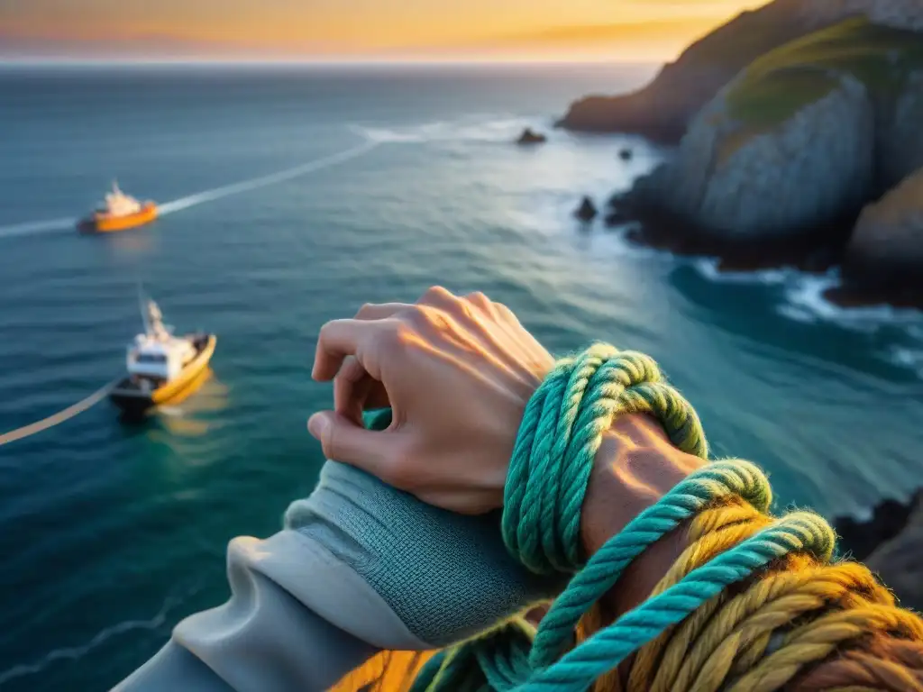 Manos de pescador tejiendo nudos marinos al atardecer Un pescador crea artesanías marítimas únicas en un atardecer dramático