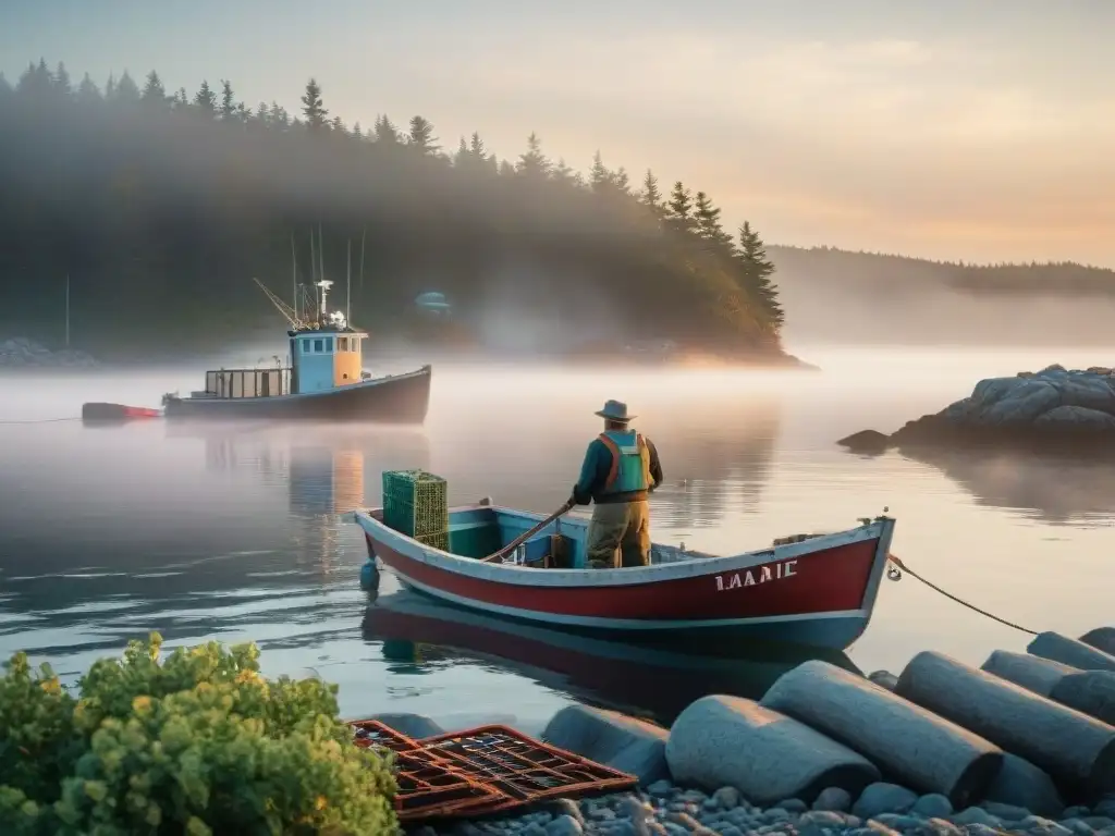 Pescador en bote de langosta al amanecer en Maine Pescador en la Costa de Maine: Trabajo duro al amanecer entre trampas de langosta y gaviotas