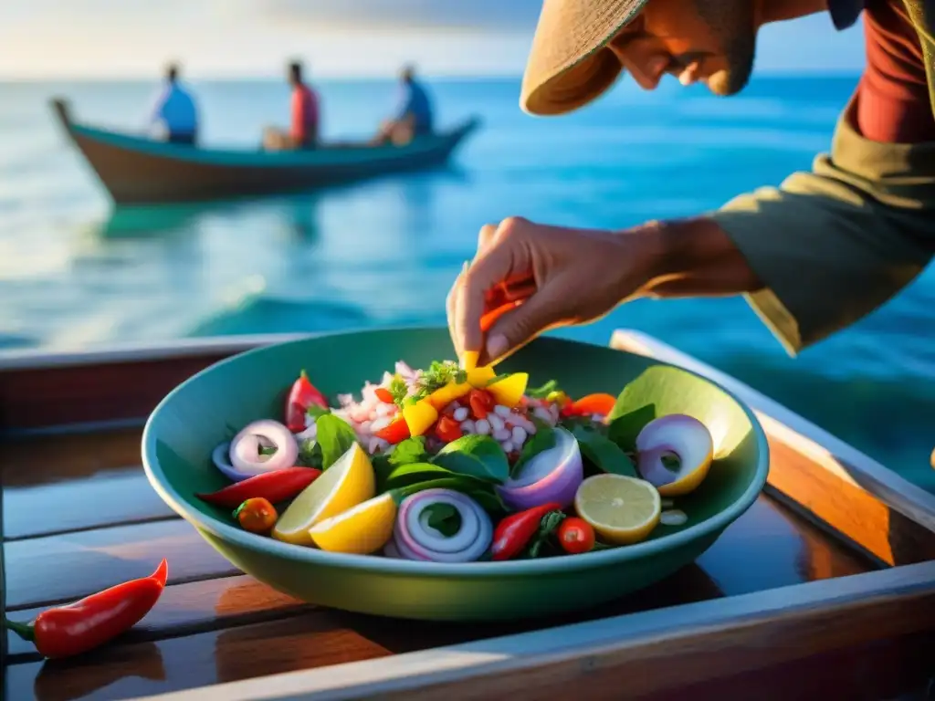 Maestro pescador preparando ceviche al amanecer Un pescador costero prepara ceviche al amanecer en un bote de pesca de madera