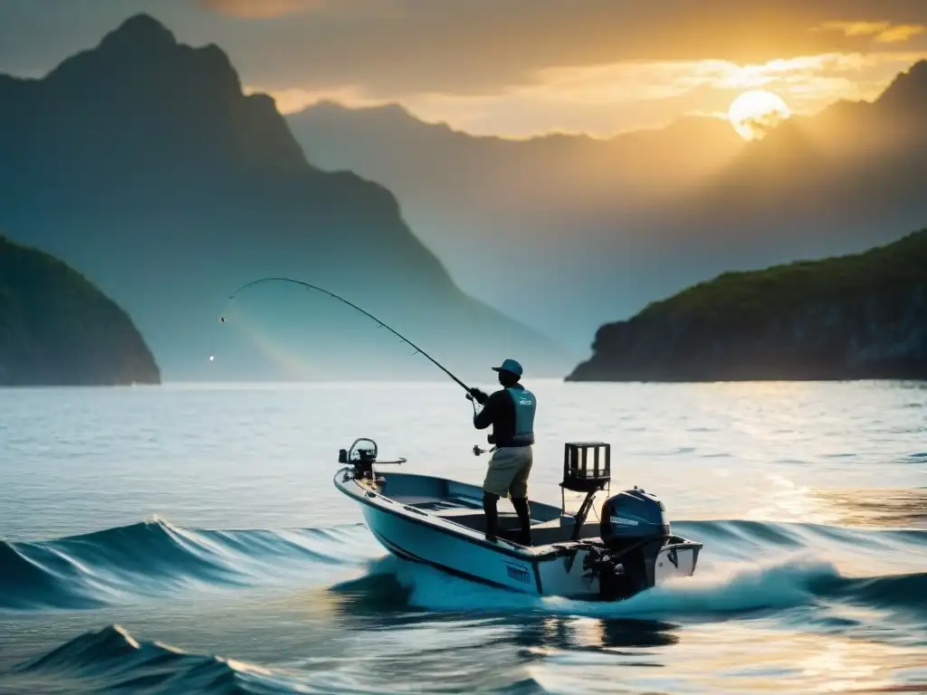 Emoción en alta mar: pescador captura marlin al atardecer Un pescador experto en mar abierto captura un marlín gigante al atardecer