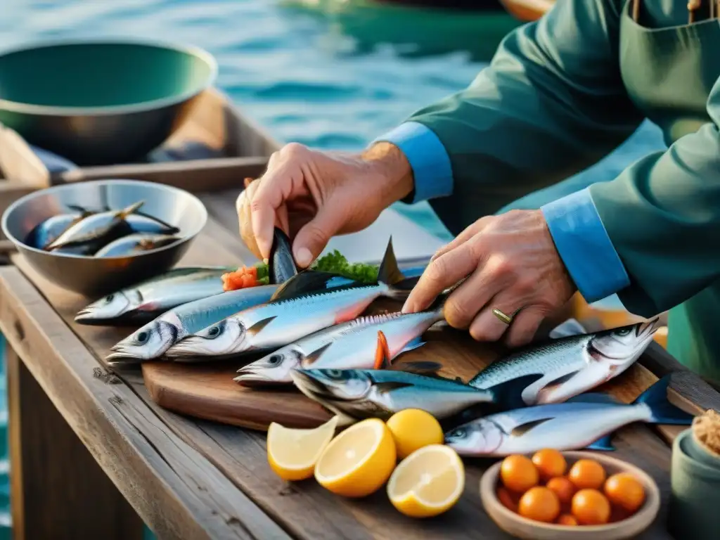 Manos de pescador preparando plato de marisco en mercado pesquero Un pescador experto preparando platillos tradicionales en un mercado de pueblos pesqueros