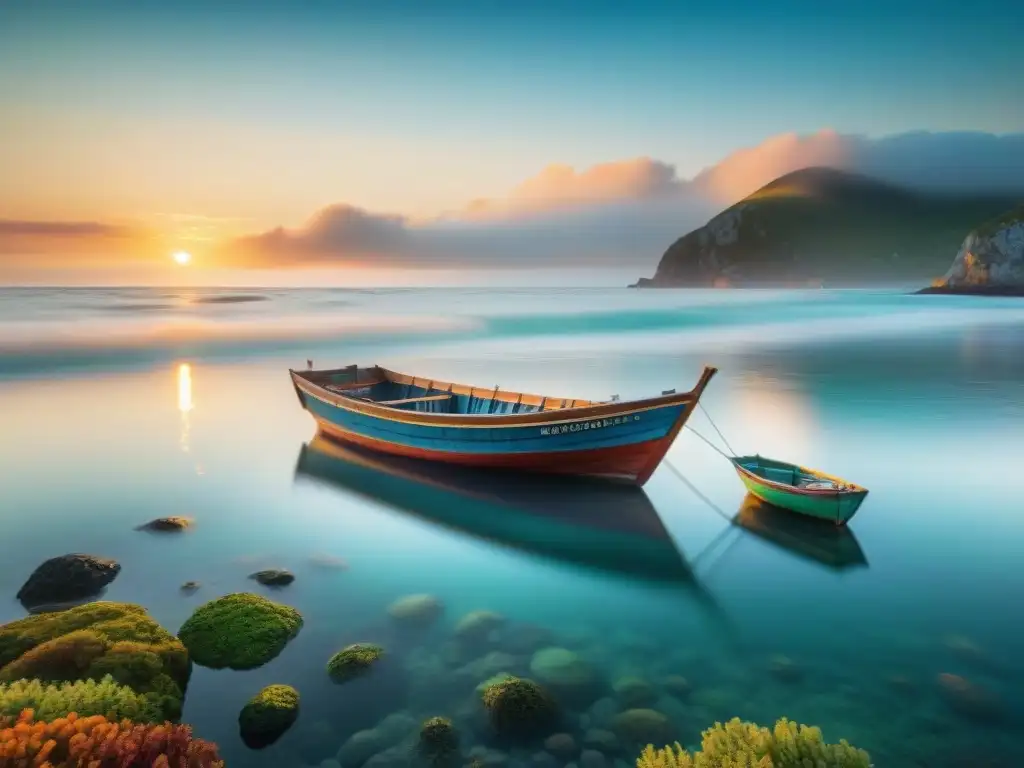 Paisaje costero al amanecer con pescador lanzando red Un pescador experto lanza su red al mar al amanecer, revelando la vida marina